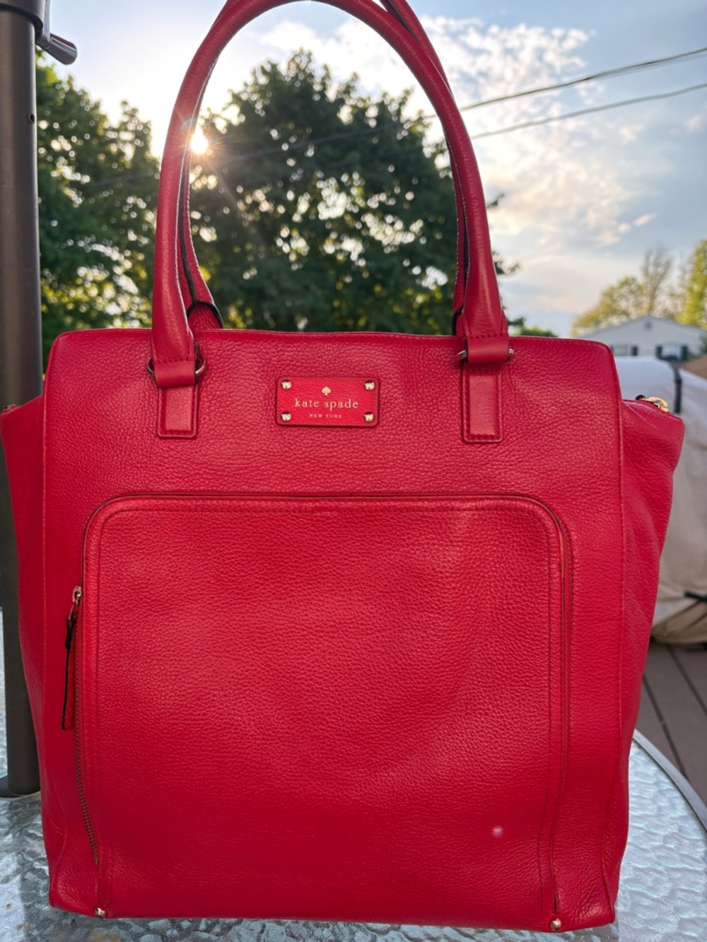 kate spade Red Pebbled Leather Tote with Front Zip Pocket